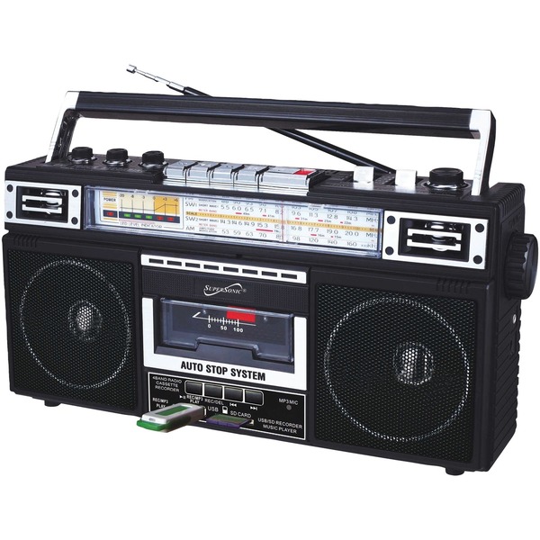 Supersonic Retro 4-Band Radio and Cassette Player with Bluetooth (Black) SC-3201BT-BK